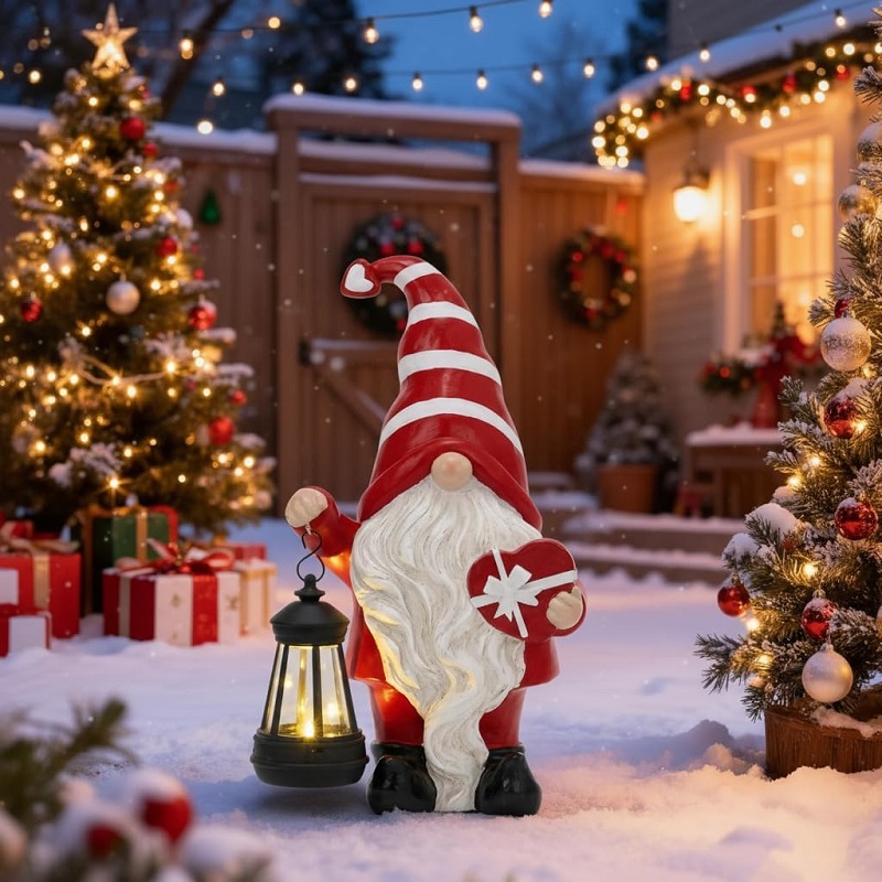 Christmas Garden Gnome Holding Heart-Shaped Gift Box and Solar Lantern
